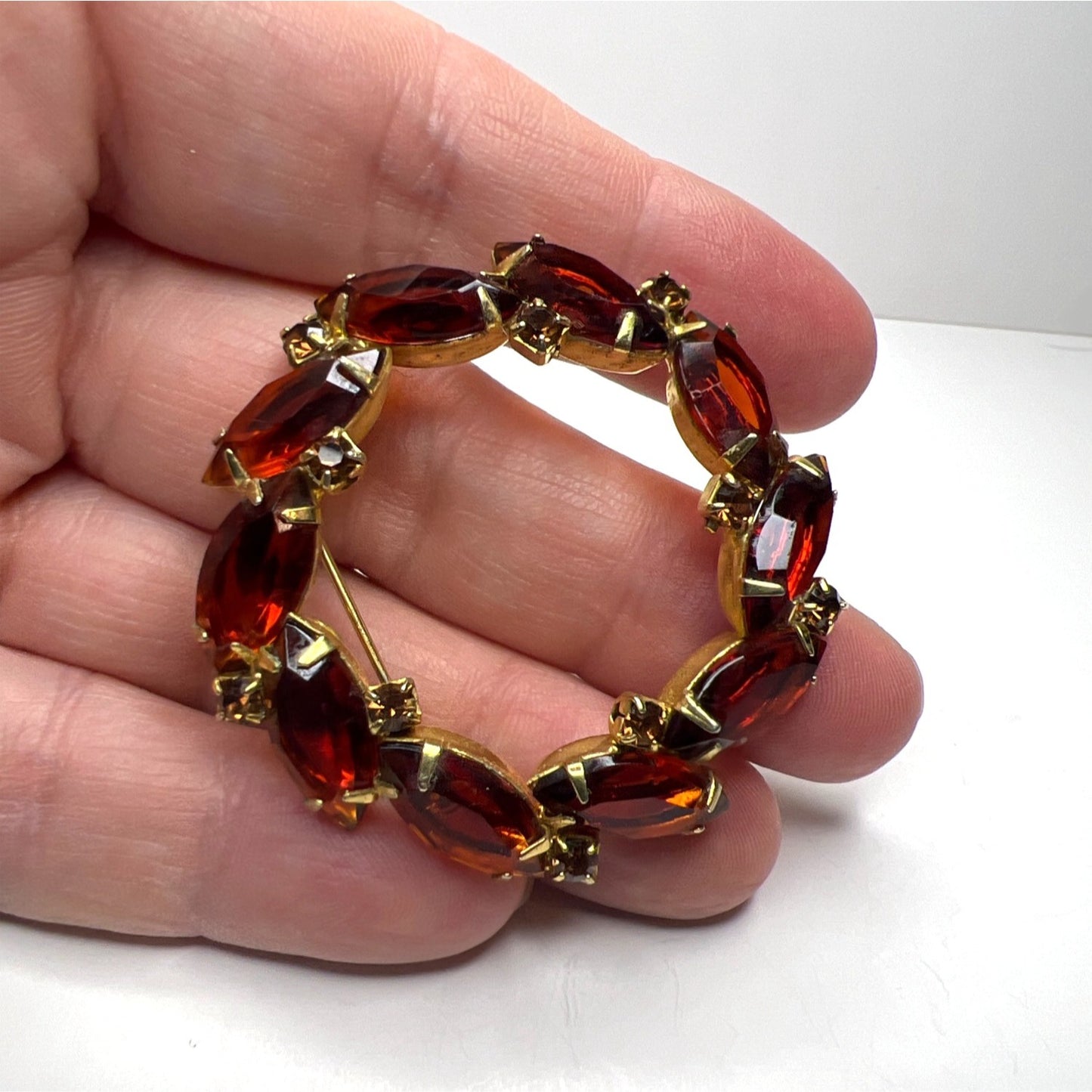 Brooch Gold-Tone Amber Orange Rhinestone Wreath Brooch Marquise Cut Stones