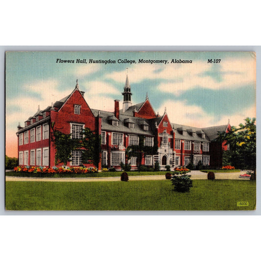 Montgomery AL Alabama Huntingdon College Flowers Hall Linen Postcard SD Warren Co