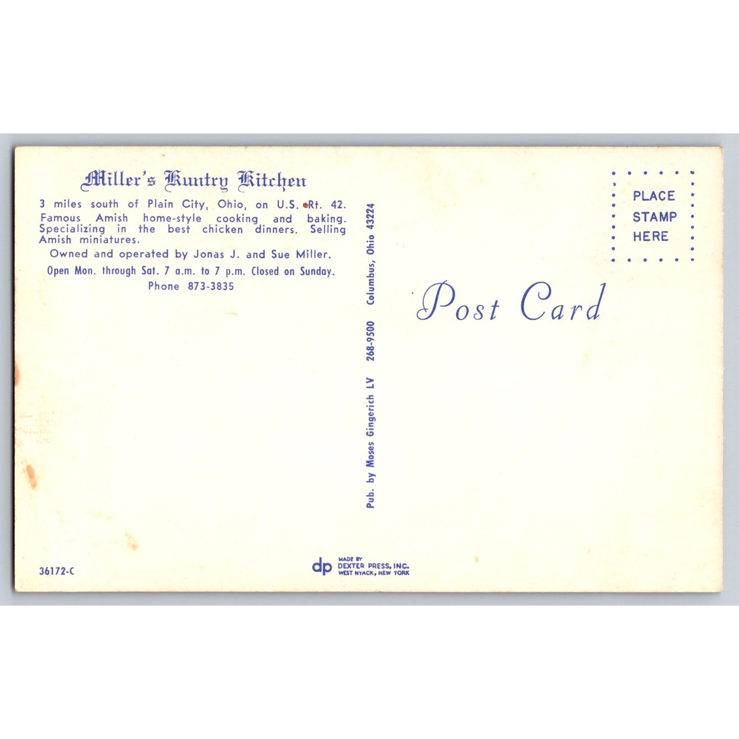 Plain City OH Ohio Millers Kuntry Kitchen Amish Restaurant Chrome Postcard