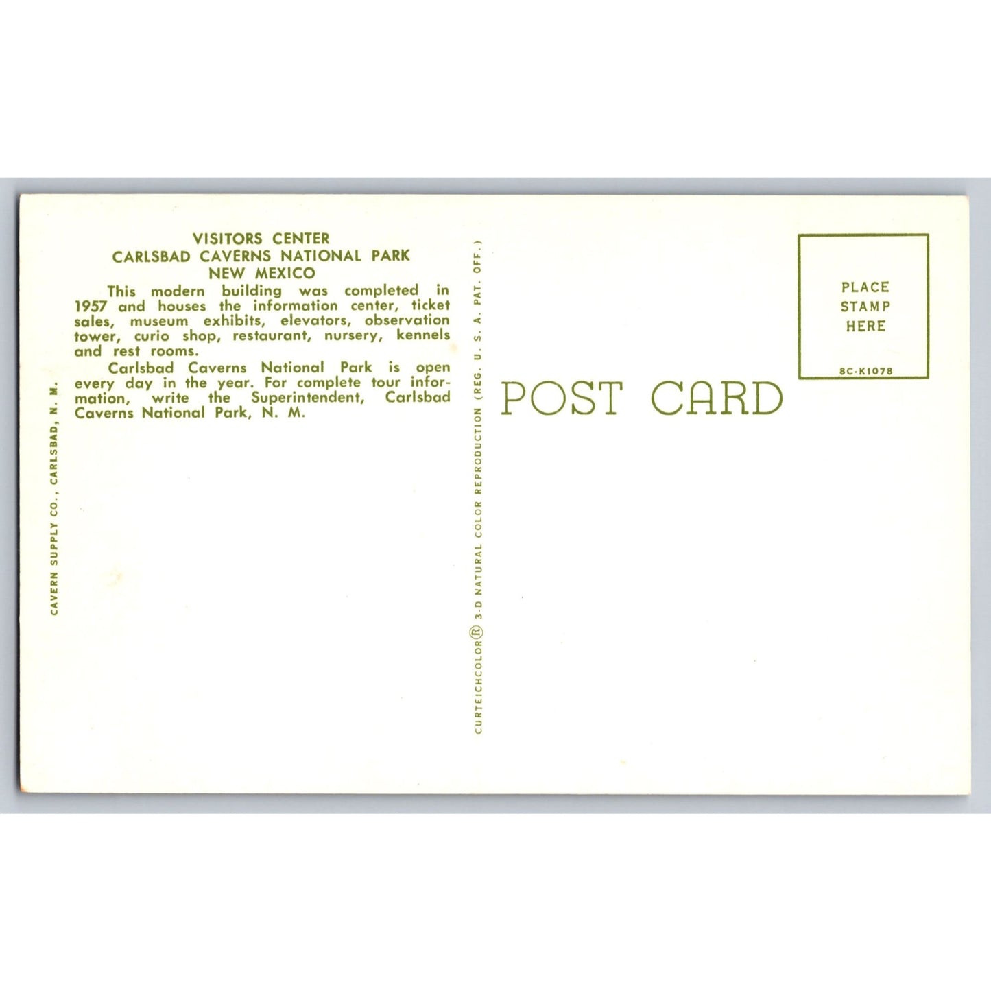 Carlsbad NM New Mexico Caverns National Park Visitor Center 1957 Postcard Unused