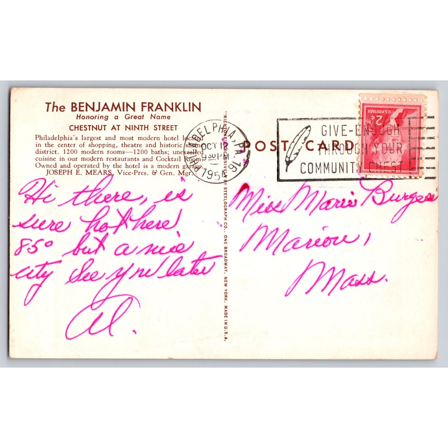Philadelphia PA Pennsylvania Benjamin Franklin Hotel 1954 Postcard Illustration