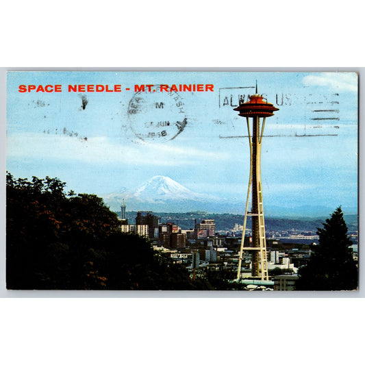 Seattle WA Washington Space Needle Mt. Rainier 1968 Chrome Postcard Used