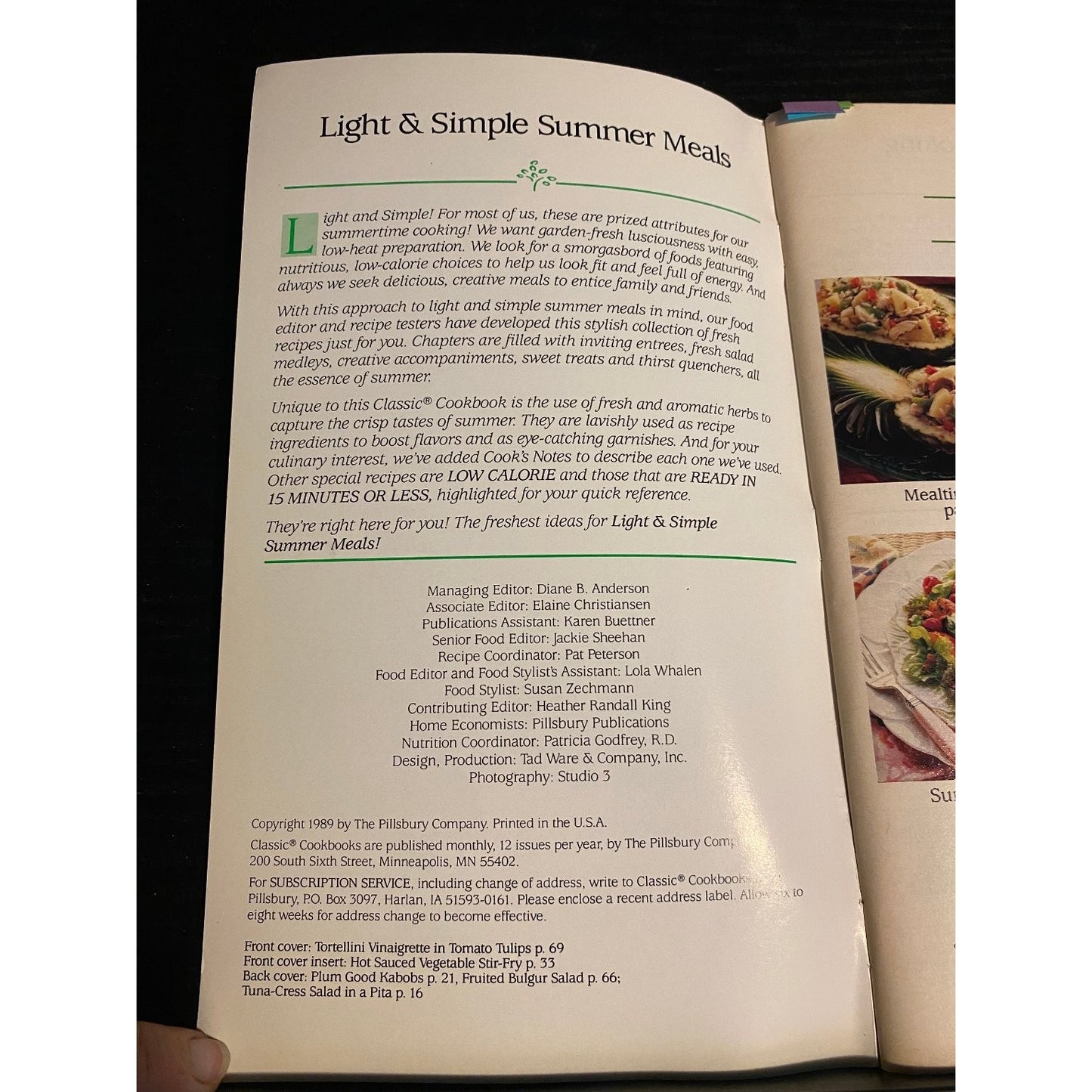Pillsbury Classic Cookbook Booklet 1989 Light & Simple Summer Meals Low Cal