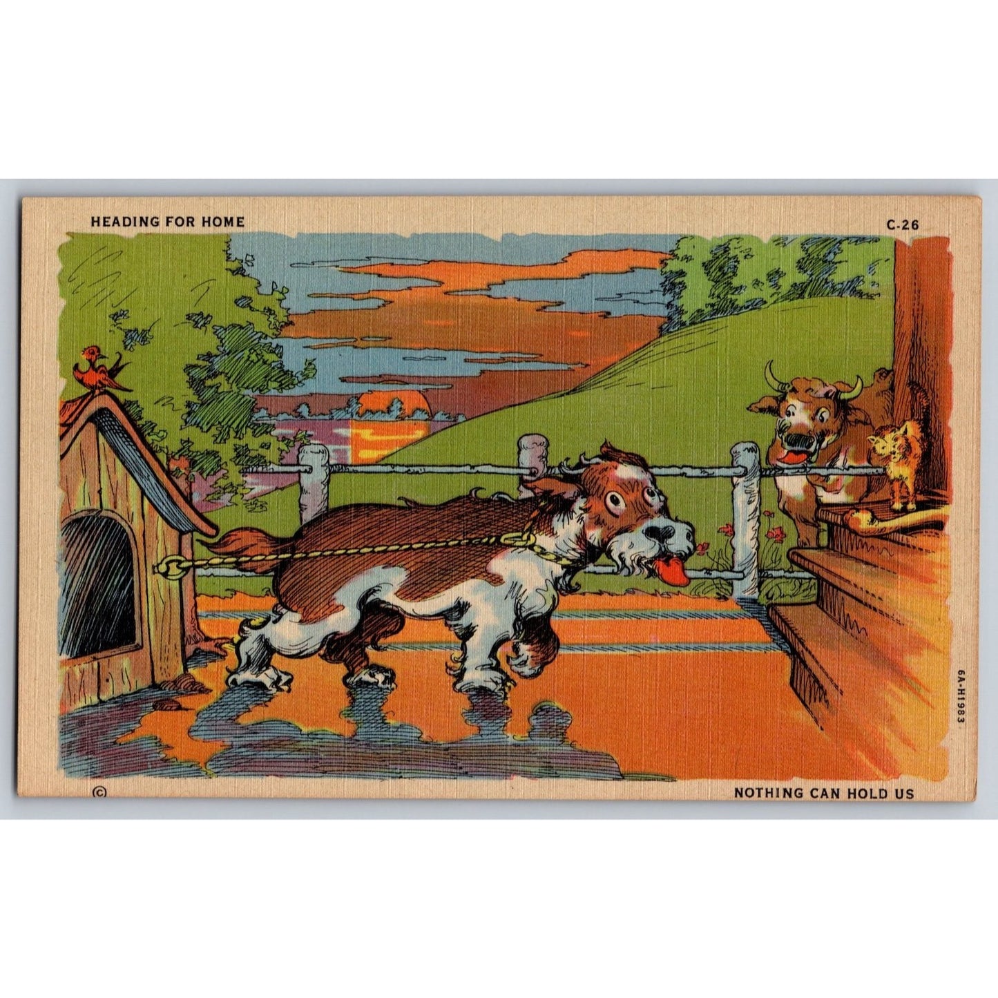 C.T. Dog Comic Postcard Heading for Home 1930s Color Art Unused Humorous