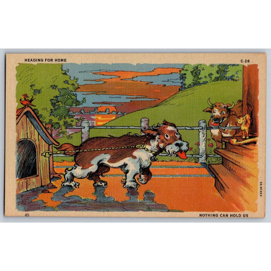 C.T. Dog Comic Postcard Heading for Home 1930s Color Art Unused Humorous