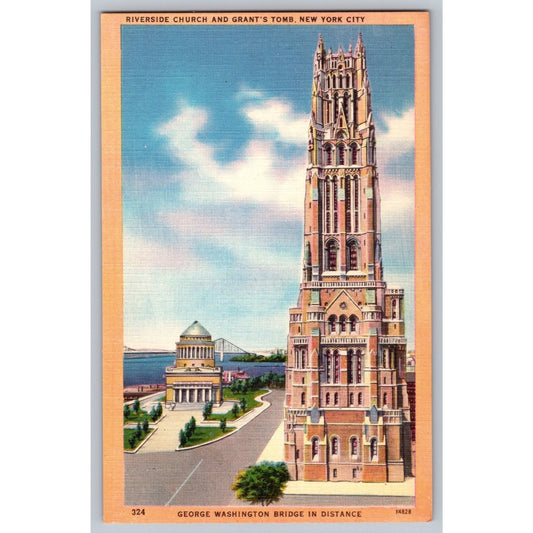 New York City NY Riverside Church Grant's Tomb Linen Postcard Unused