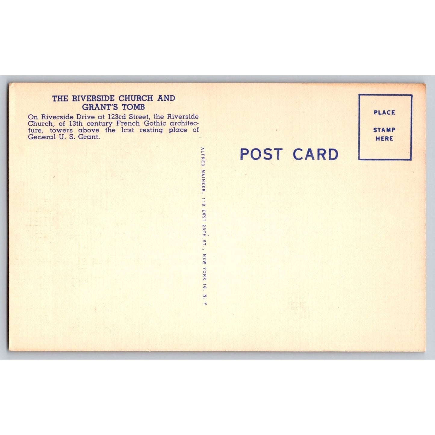 New York City NY Riverside Church Grant's Tomb Linen Postcard Unused