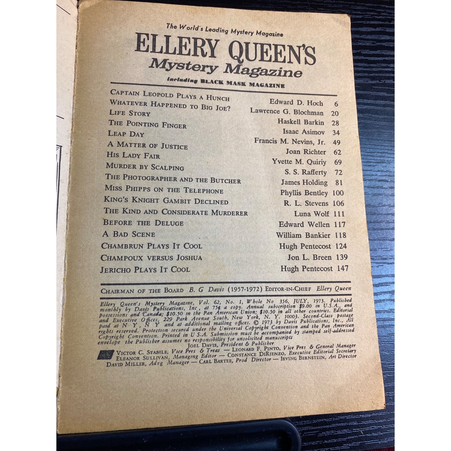 Ellery Queens Mystery Magazine July 1973 Isaac Asimov Hugh Pentecost Edward Hoch