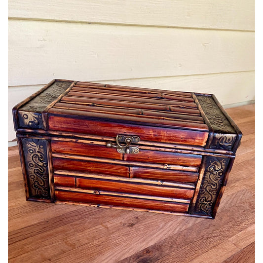 Vintage Bamboo & Brass Decorative Storage Box With Hinged Lid & Handles