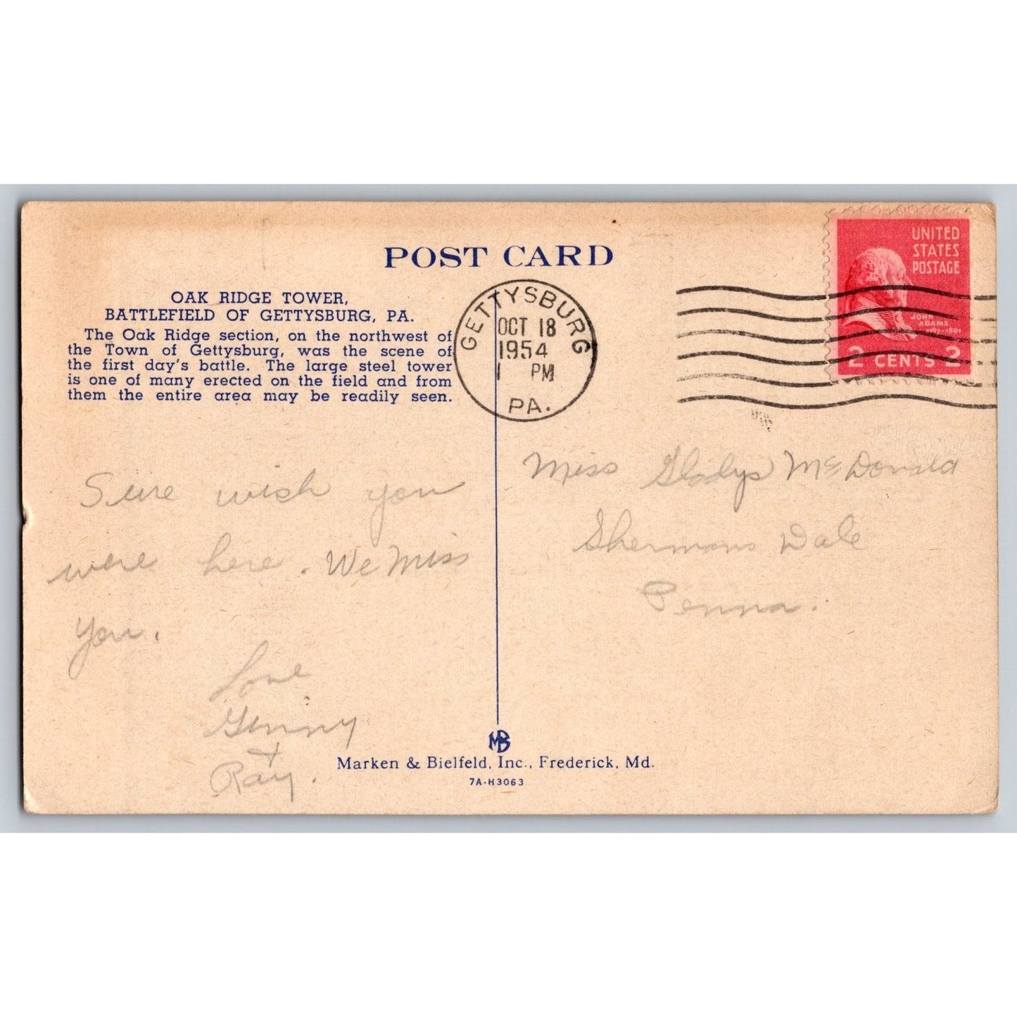 Gettysburg PA Pennsylvania Oak Ridge Tower Battlefield 1954 Linen Postcard Used