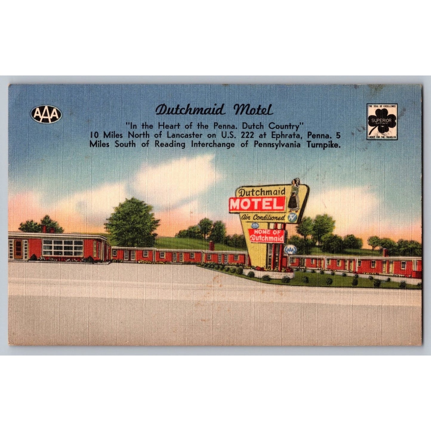 Ephrata PA Pennsylvania Dutchmaid Motel Linen Postcard AAA Superior Seal