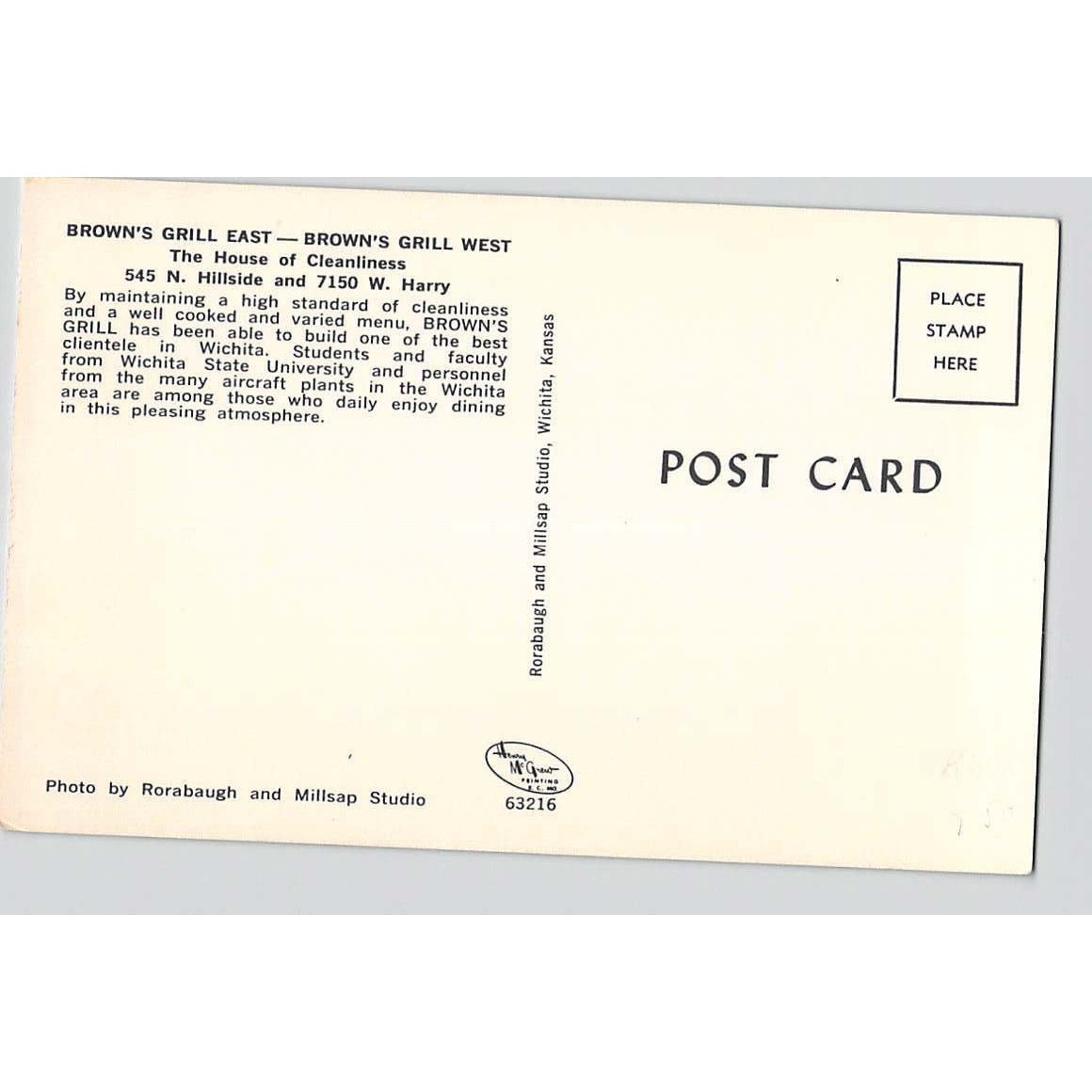 Wichita KS Kansas Brown's Grill East & West Chrome Postcard Unused