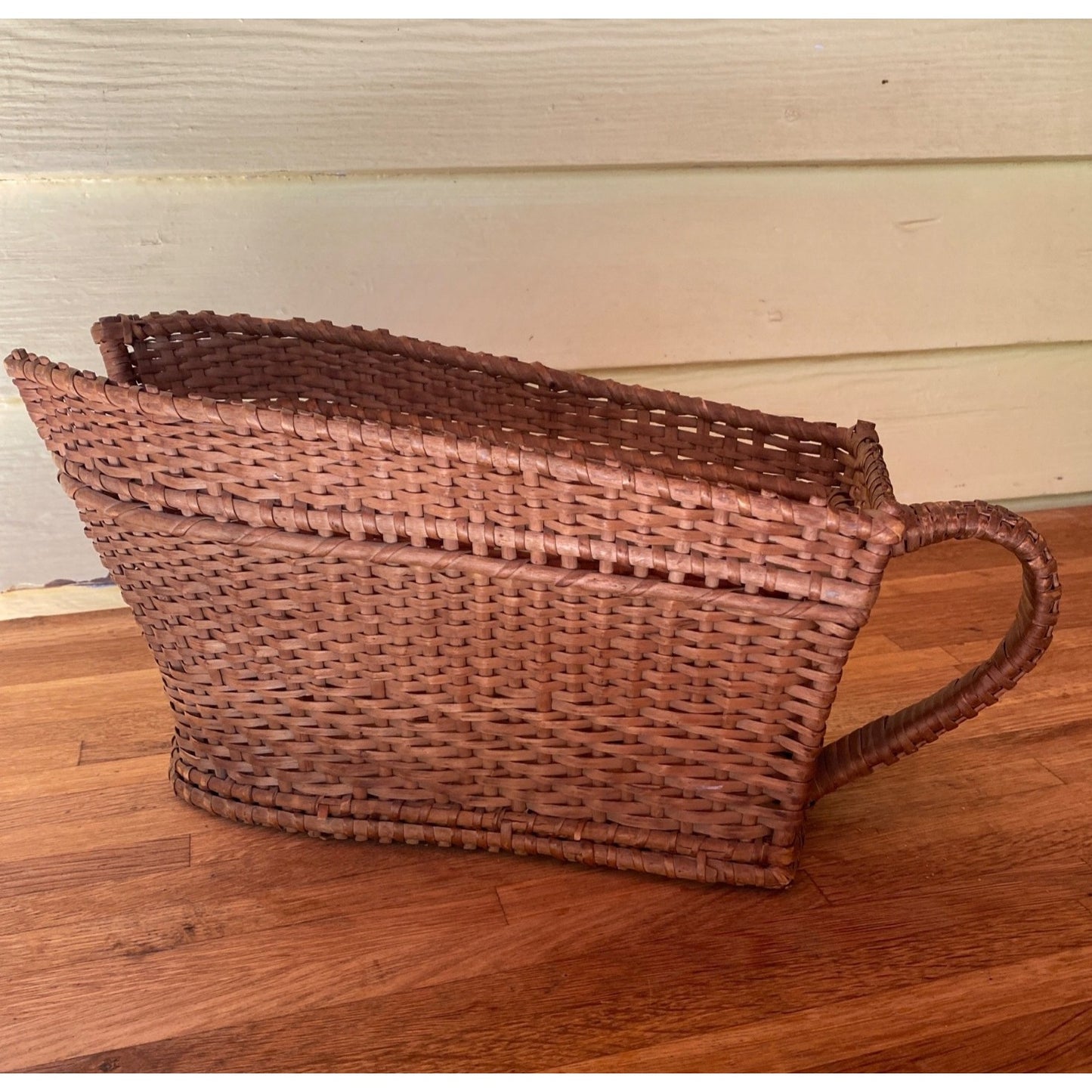 Vintage Wicker Firewood Kindling Basket With Handle Handwoven Rectangular Design