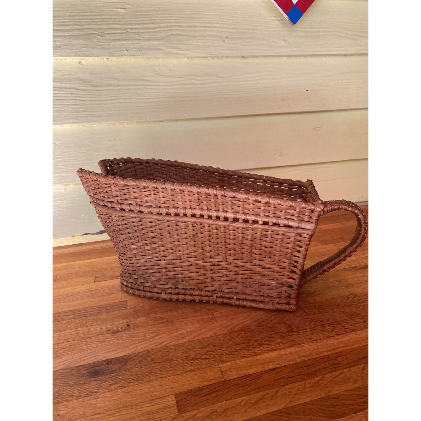 Vintage Wicker Firewood Kindling Basket With Handle Handwoven Rectangular Design