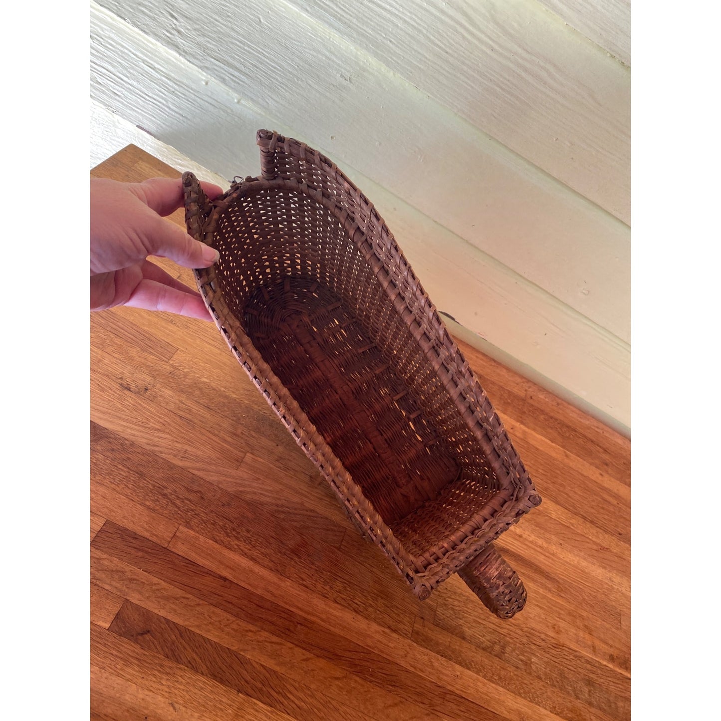 Vintage Wicker Firewood Kindling Basket With Handle Handwoven Rectangular Design