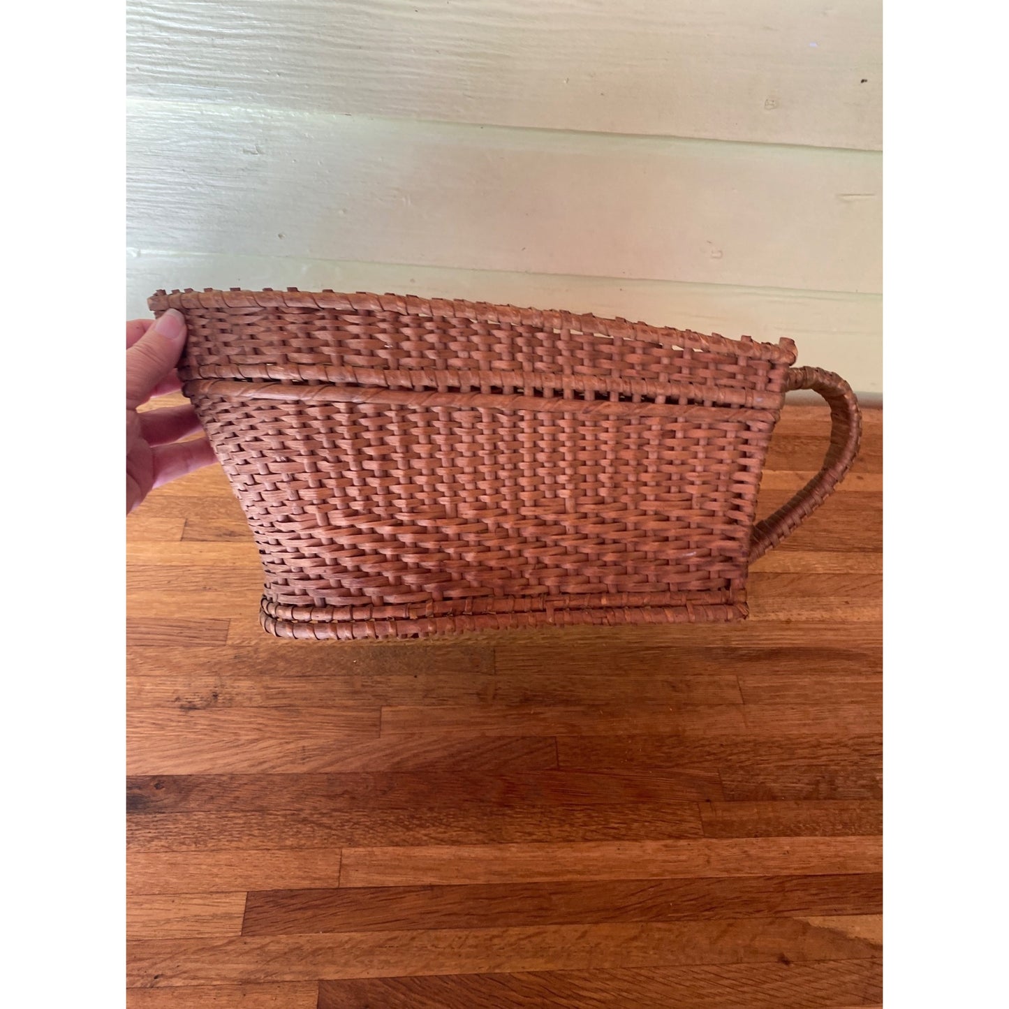 Vintage Wicker Firewood Kindling Basket With Handle Handwoven Rectangular Design