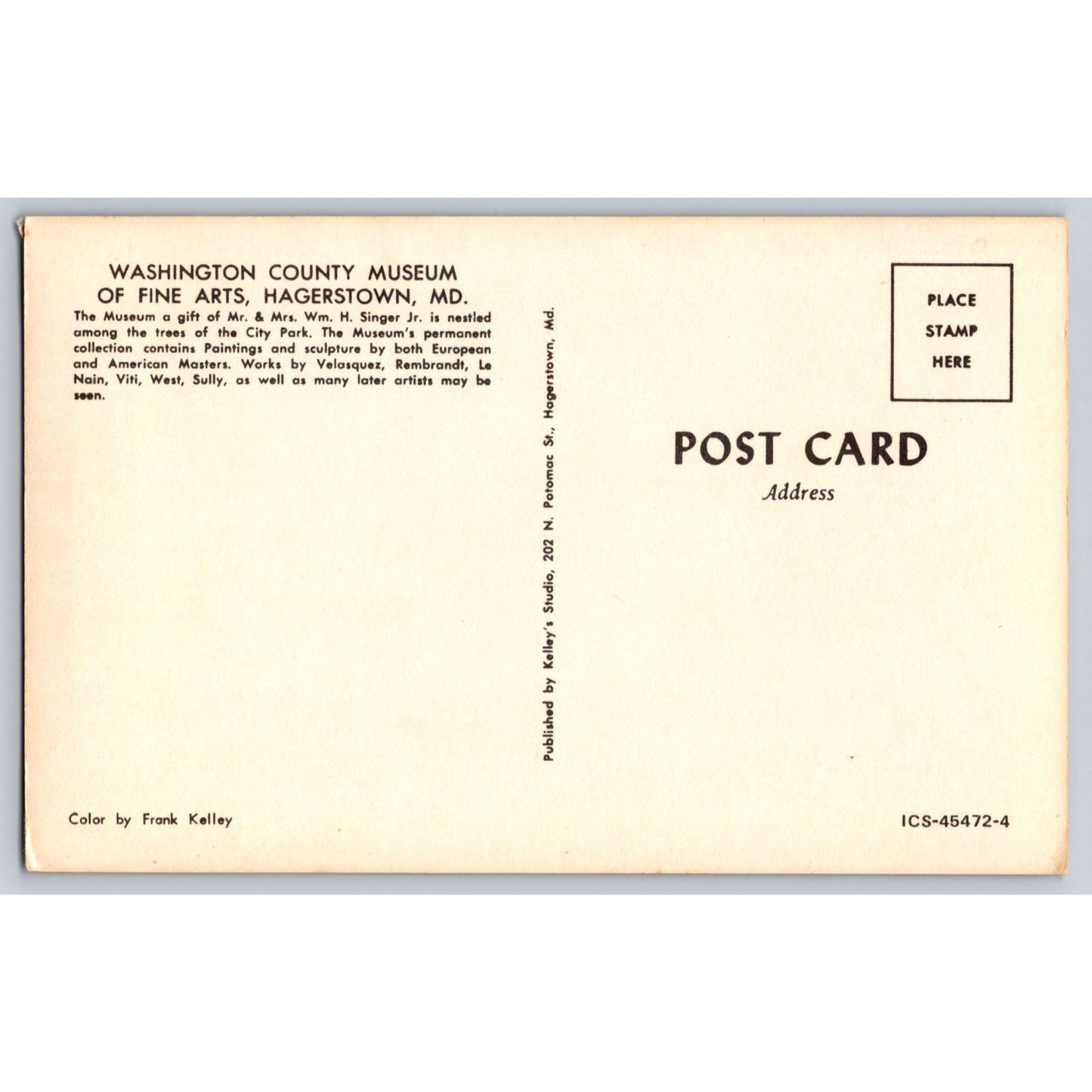Hagerstown MD Maryland Washington County Museum Of Fine Arts Postcard Frank Kelley
