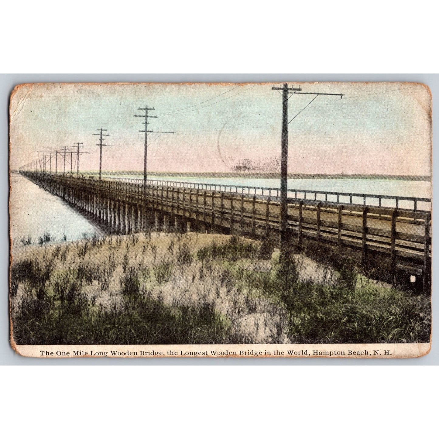Hampton Beach NH New Hampshire One Mile Long Wooden Bridge 1913 Divided Postcard