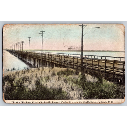 Hampton Beach NH New Hampshire One Mile Long Wooden Bridge 1913 Divided Postcard