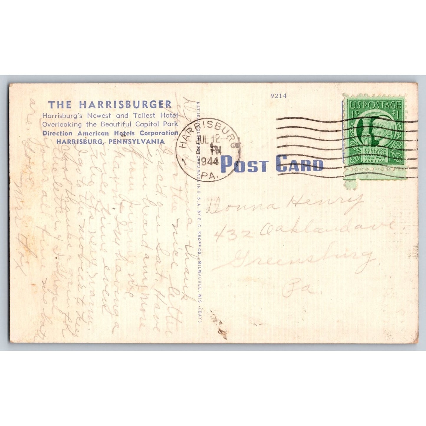 Harrisburg PA Pennsylvania The Harrisburger Hotel 1944 Linen Postcard Used