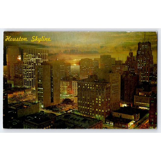 Houston TX Texas Skyline Night Color Photo 1966 Chrome Postcard Alan Getz