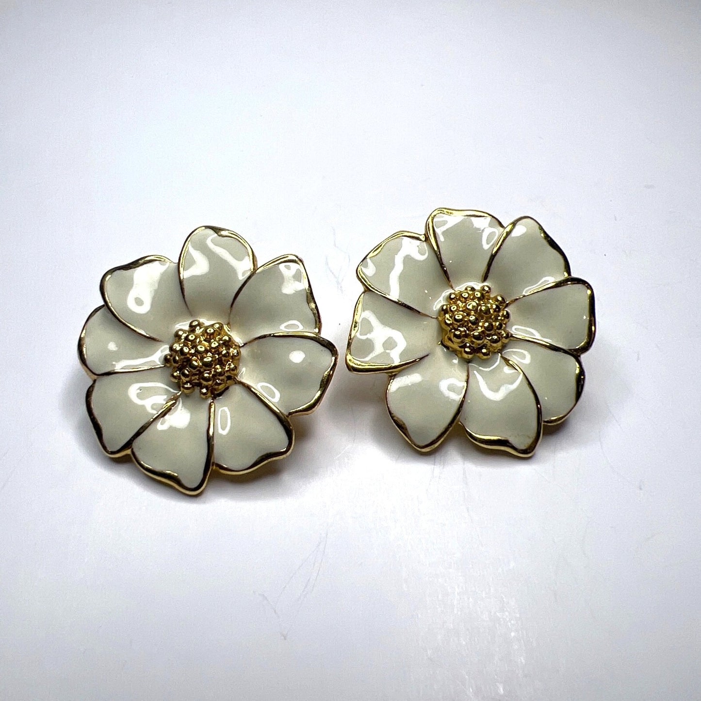Floral Gold-Tone Clip-On Earrings With White Enamel Petals Dogwood Flowers