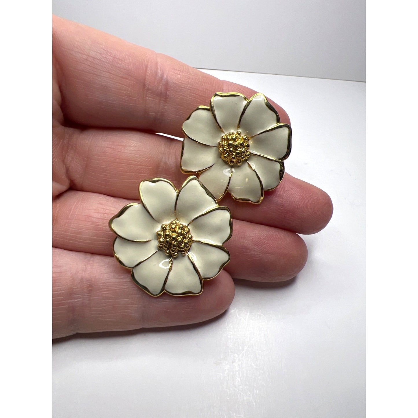 Floral Gold-Tone Clip-On Earrings With White Enamel Petals Dogwood Flowers