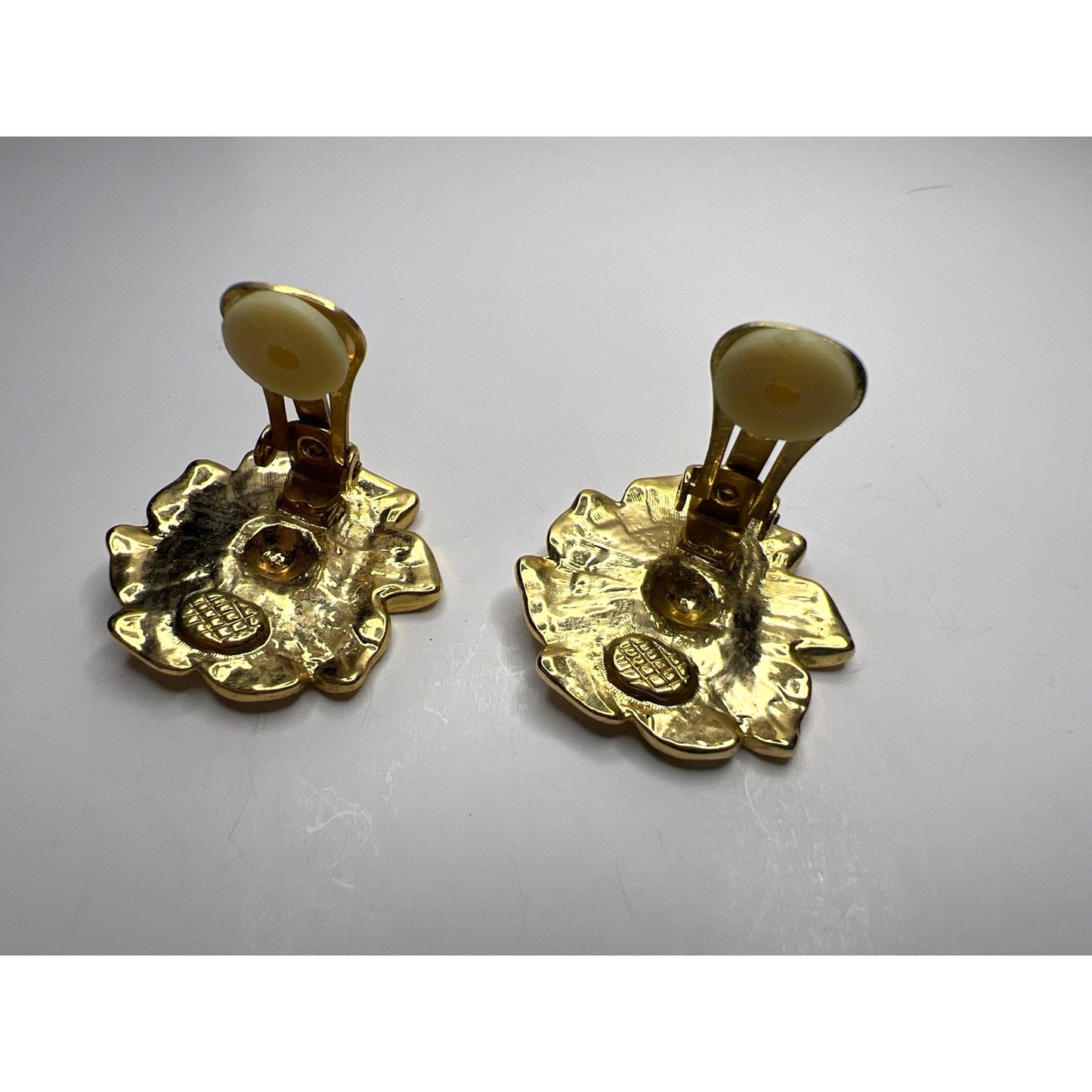 Floral Gold-Tone Clip-On Earrings With White Enamel Petals Dogwood Flowers