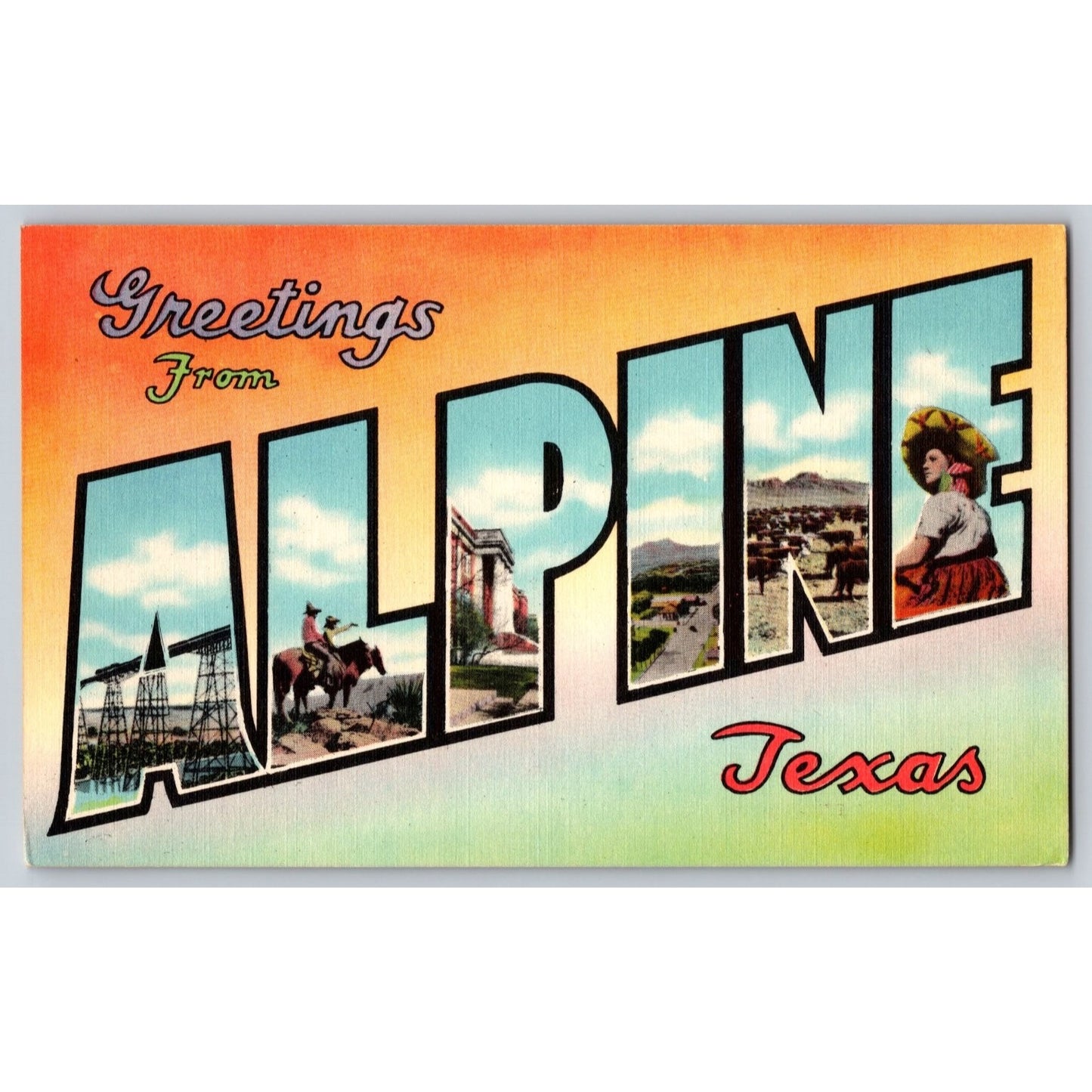 Alpine Texas Large Letter Greetings from Scenic Views Linen Postcard Unused