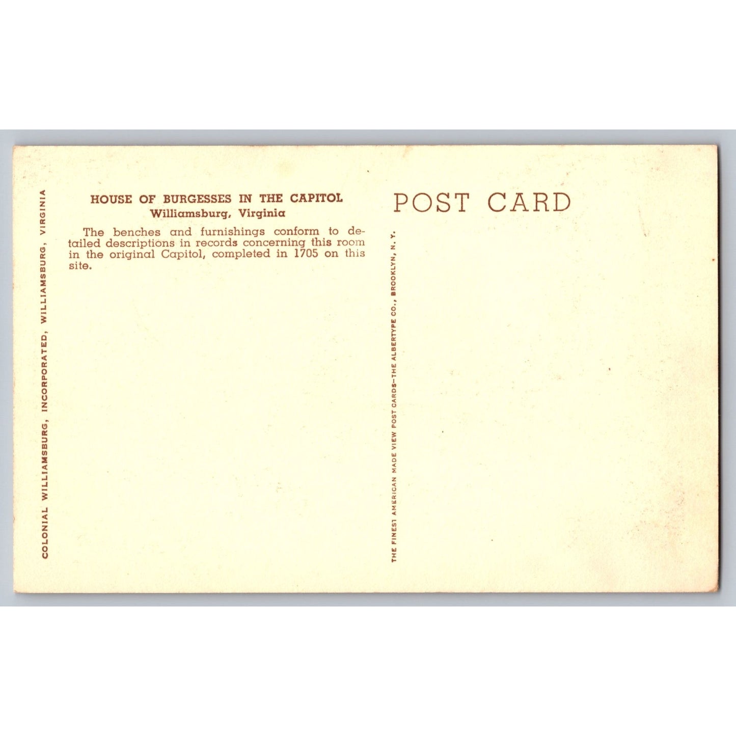 Williamsburg VA Virginia House Of Burgesses Colonial Unused Postcard