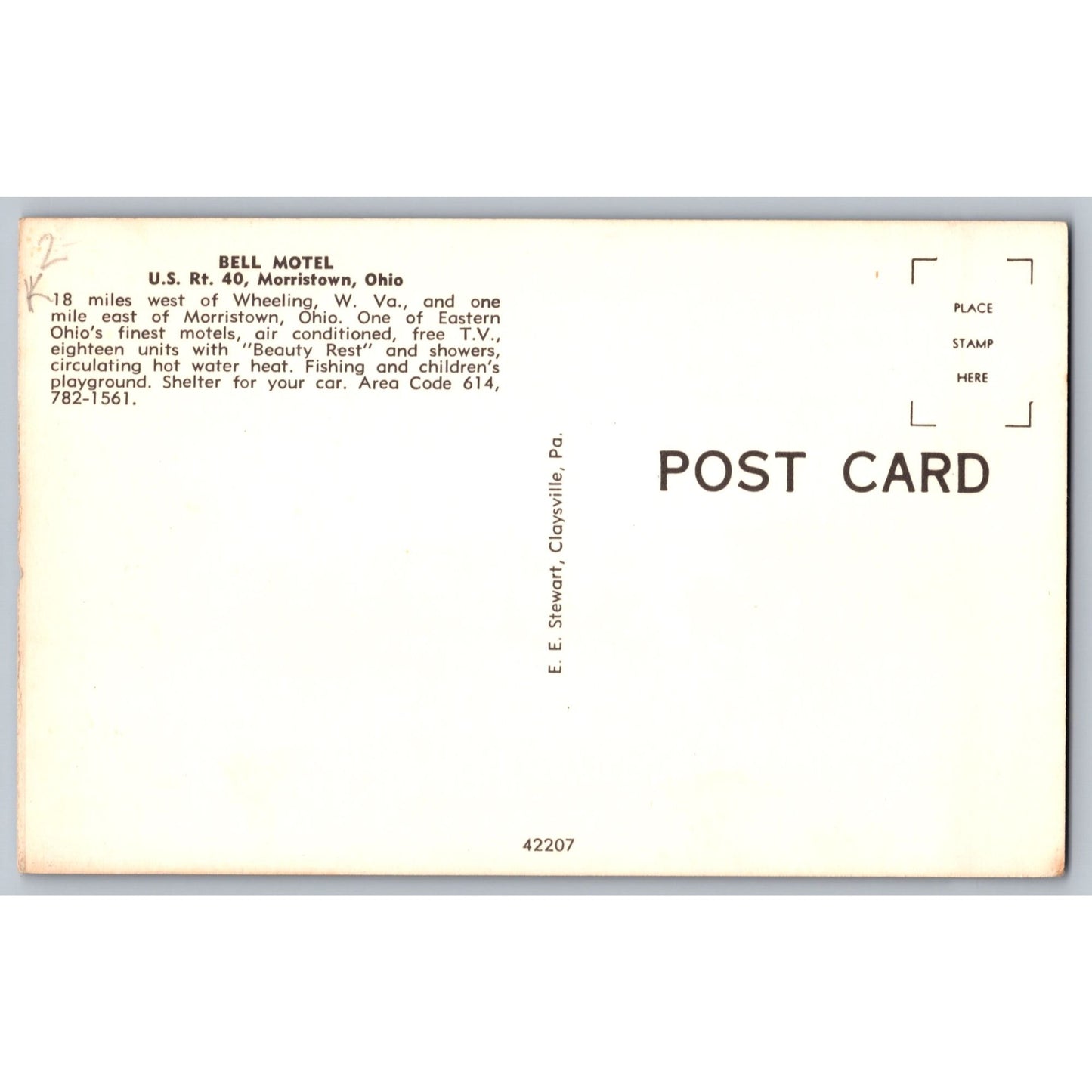 Morristown OH Bell Motel Rt. 40 1950s Chrome Postcard Unused