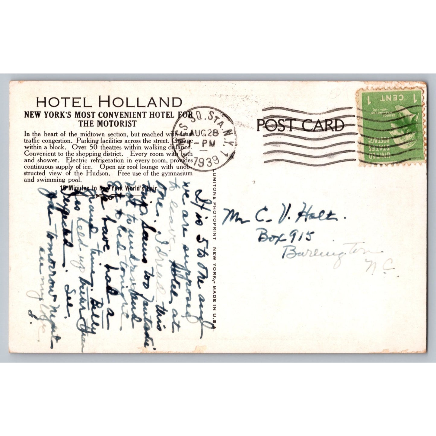 MISS PRINT New York City NY Hotel Holland Times Square 1939 White Border Postcard Unused