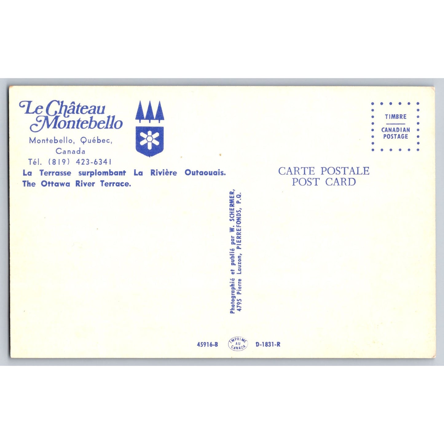 Quebec Canada Le Château Montebello The Ottawa River Terrace Chrome Postcard