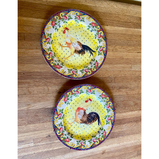 American Atelier Set Of 2 Hand-Painted Ceramic Rooster Dinner Plates With Floral Border - 8 Inches Diameter