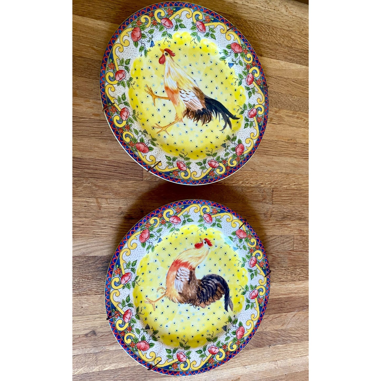 American Atelier Set Of 2 Hand-Painted Ceramic Rooster Dinner Plates With Floral Border - 8 Inches Diameter
