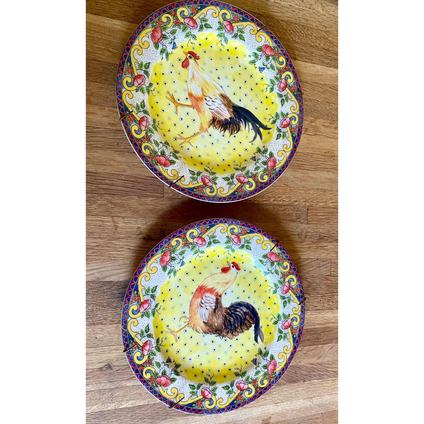 American Atelier Set Of 2 Hand-Painted Ceramic Rooster Dinner Plates With Floral Border - 8 Inches Diameter