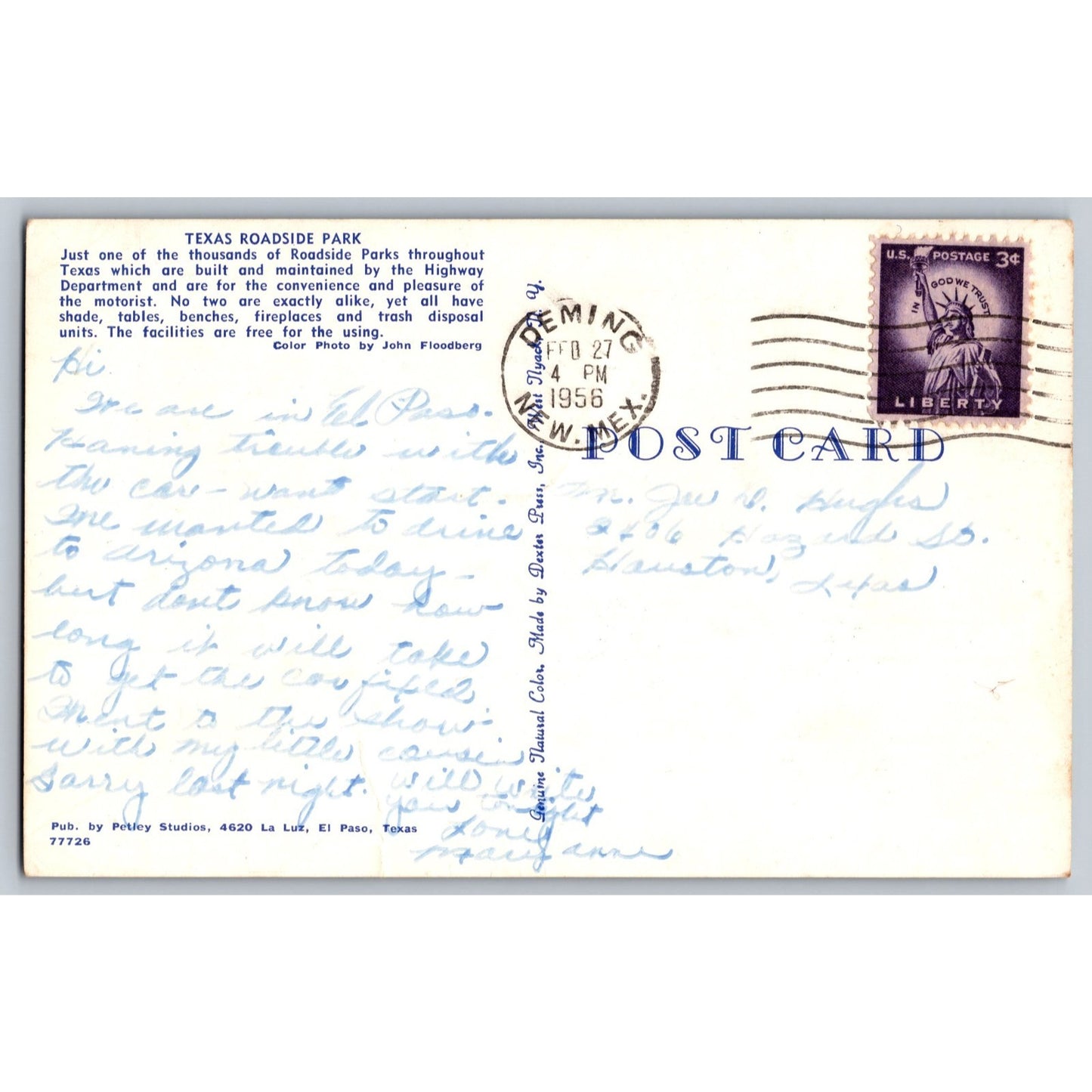 El Paso TX Texas Greetings from Texas Roadside Park 1956 Chrome Postcard Used