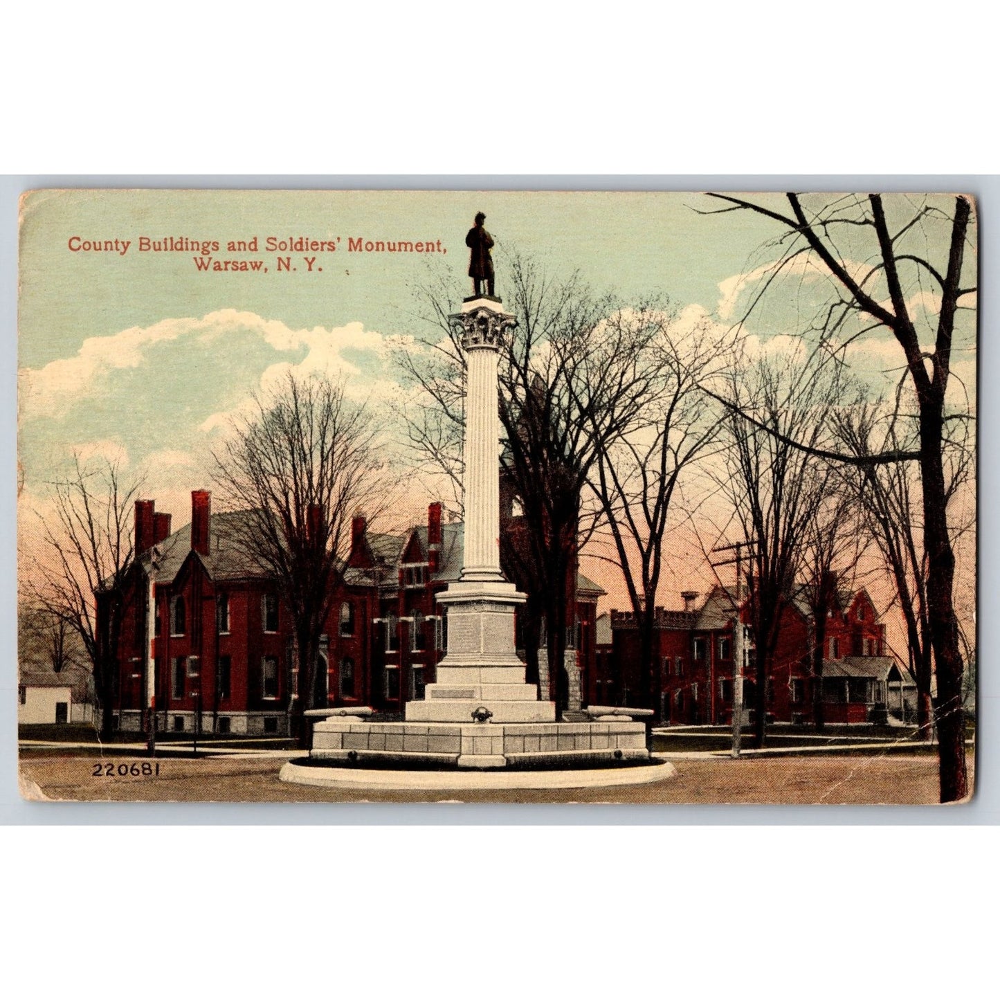 Warsaw NY New York County Buildings Soldiers Monument 1916 Divided Back Postcard