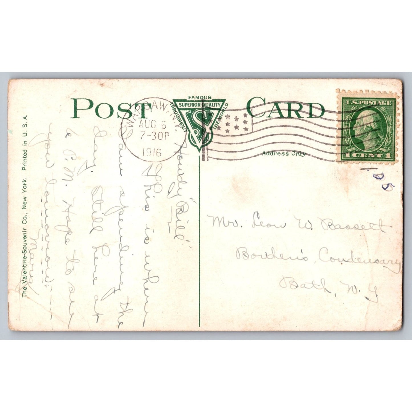 Warsaw NY New York County Buildings Soldiers Monument 1916 Divided Back Postcard