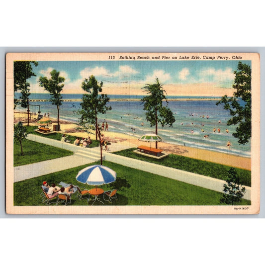 Camp Perry OH Ohio Lake Erie Bathing Beach & Pier Linen Postcard