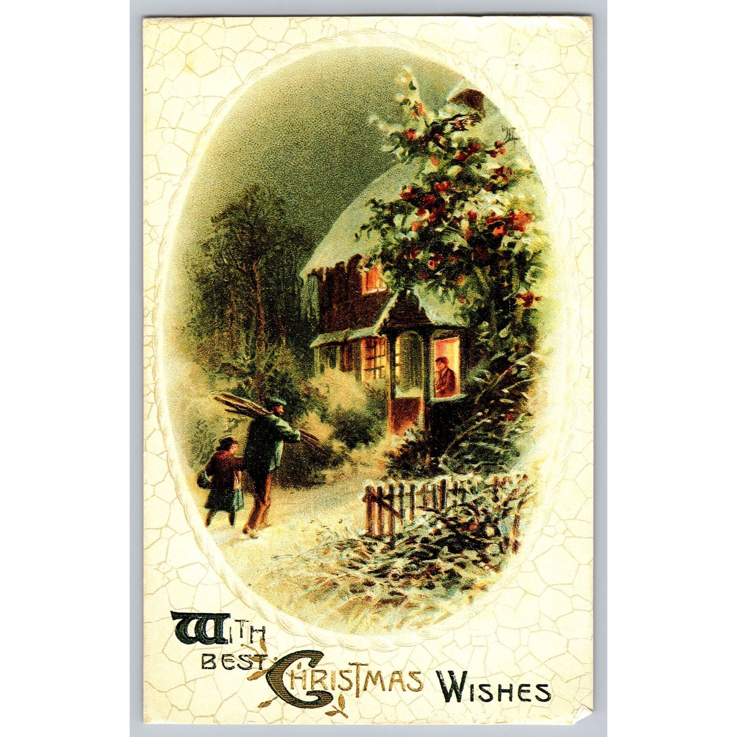 Christmas Postcard With Snowy Cottage Scene & With Best Christmas Wishes Text