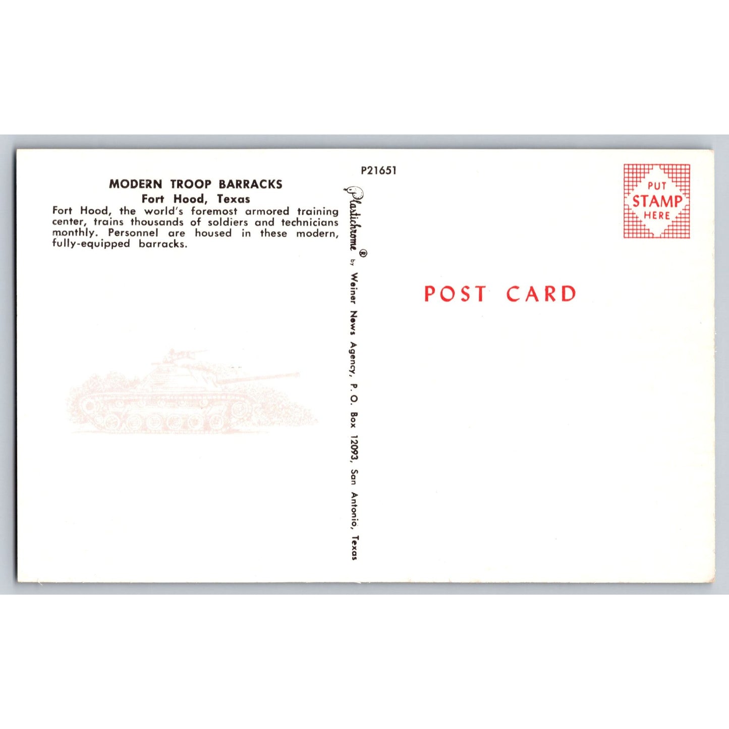 Fort Hood TX Texas Modern Troop Barracks Chrome Postcard Unused