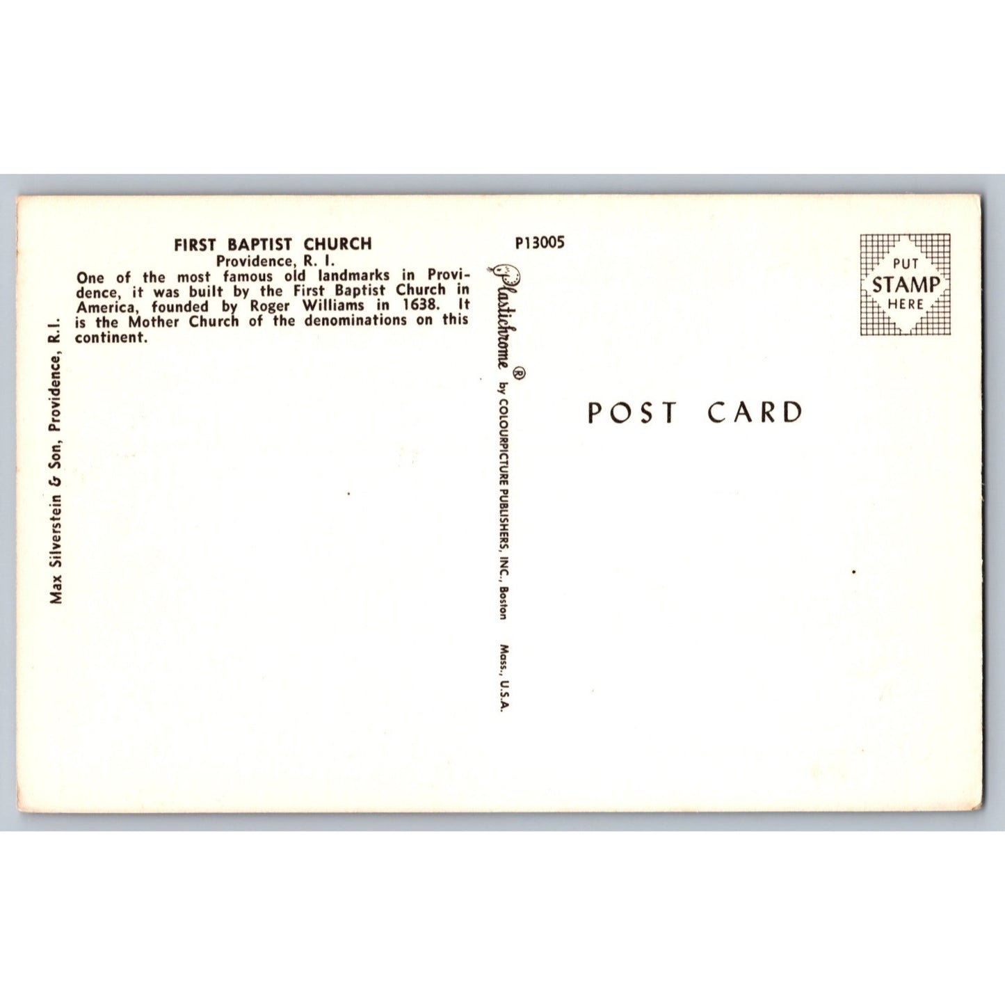 Providence RI Rhode Island First Baptist Church Chrome Postcard Unused