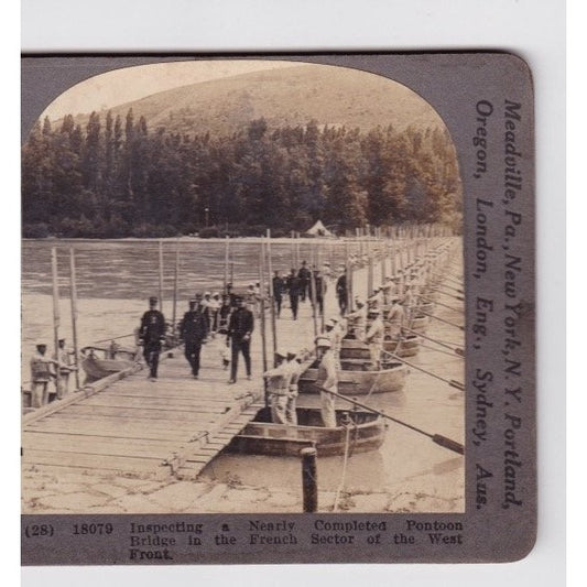 Inspecting Pontoon Bridge Stereoview Keystone View Co. WWI France