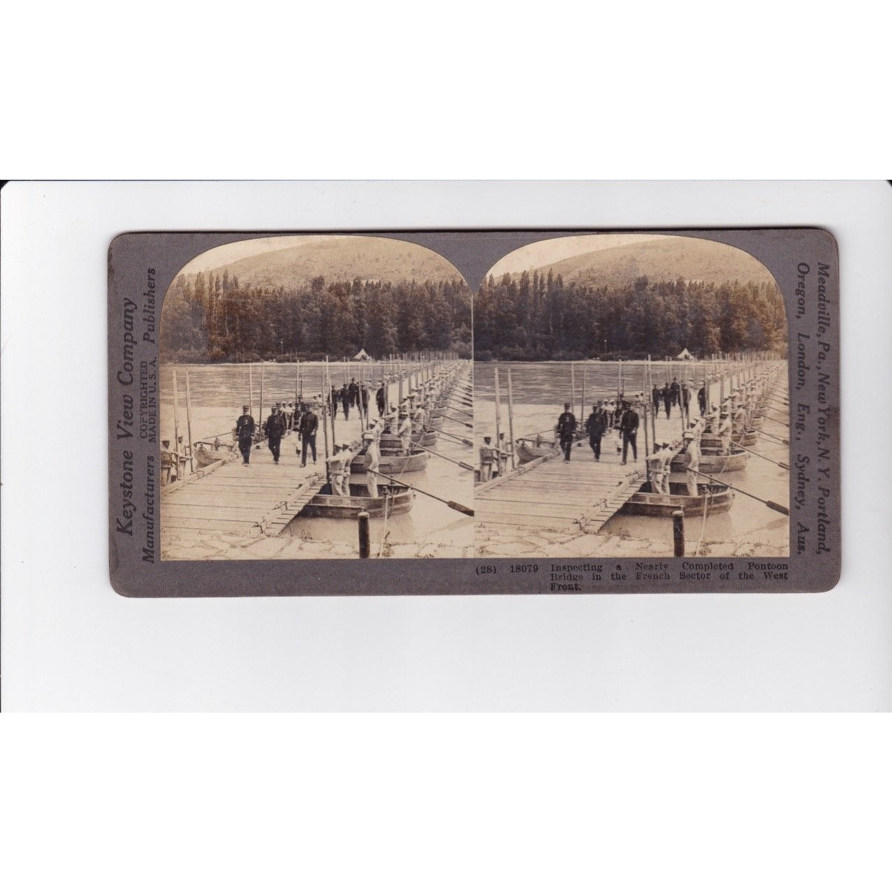 Inspecting Pontoon Bridge Stereoview Keystone View Co. WWI France