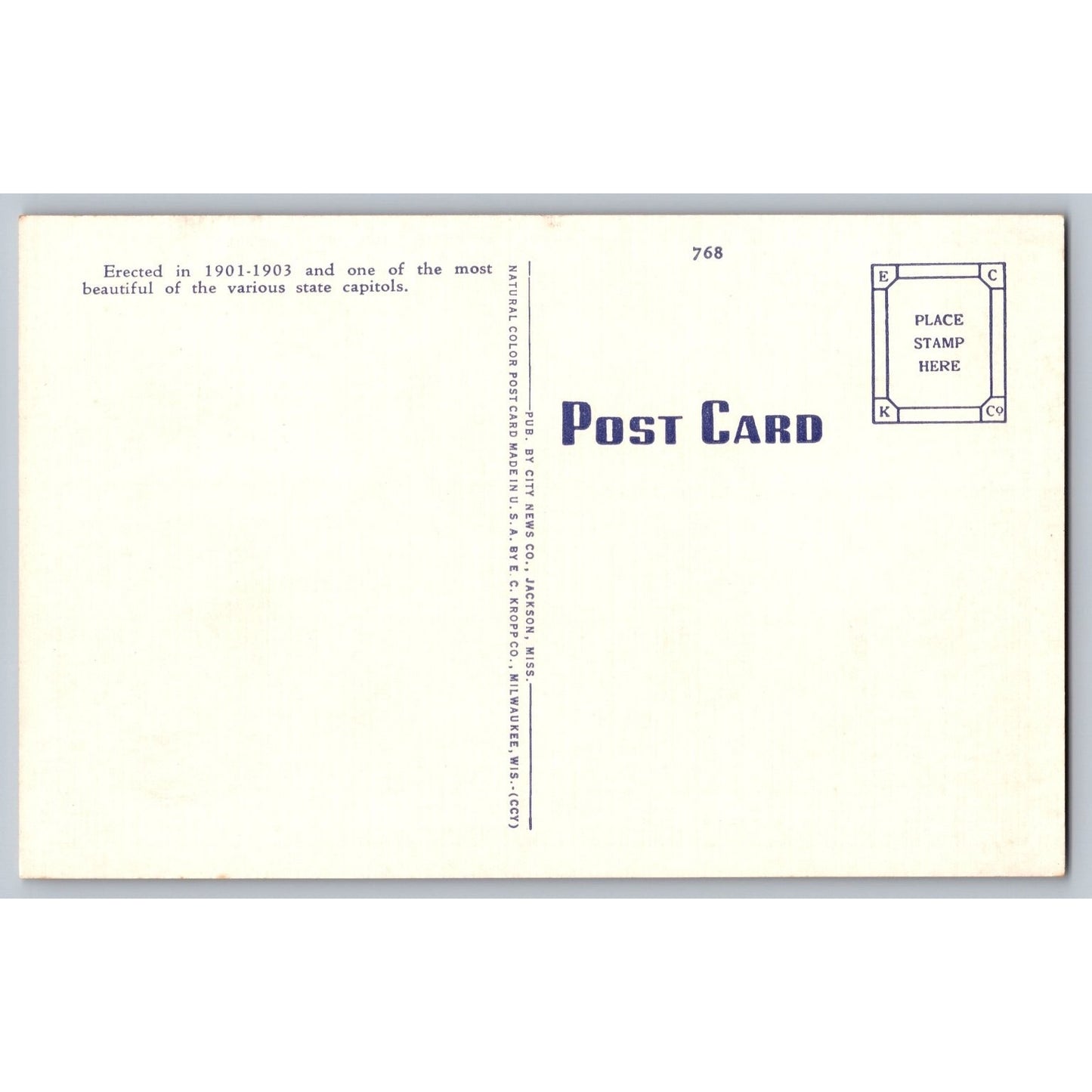 Jackson MS Mississippi State Capitol White Border Postcard Unused
