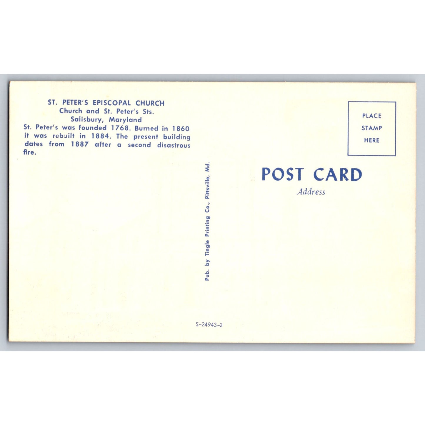 Salisbury MD Maryland St Peters Episcopal Church Chrome Postcard Unused