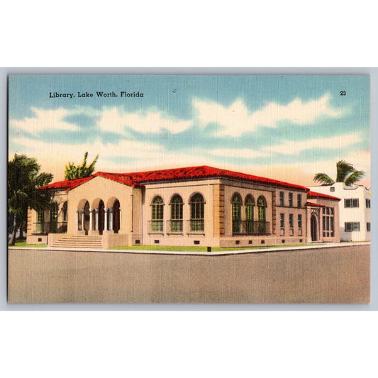 Lake Worth FL Florida Library 1930s Linen Postcard Unused