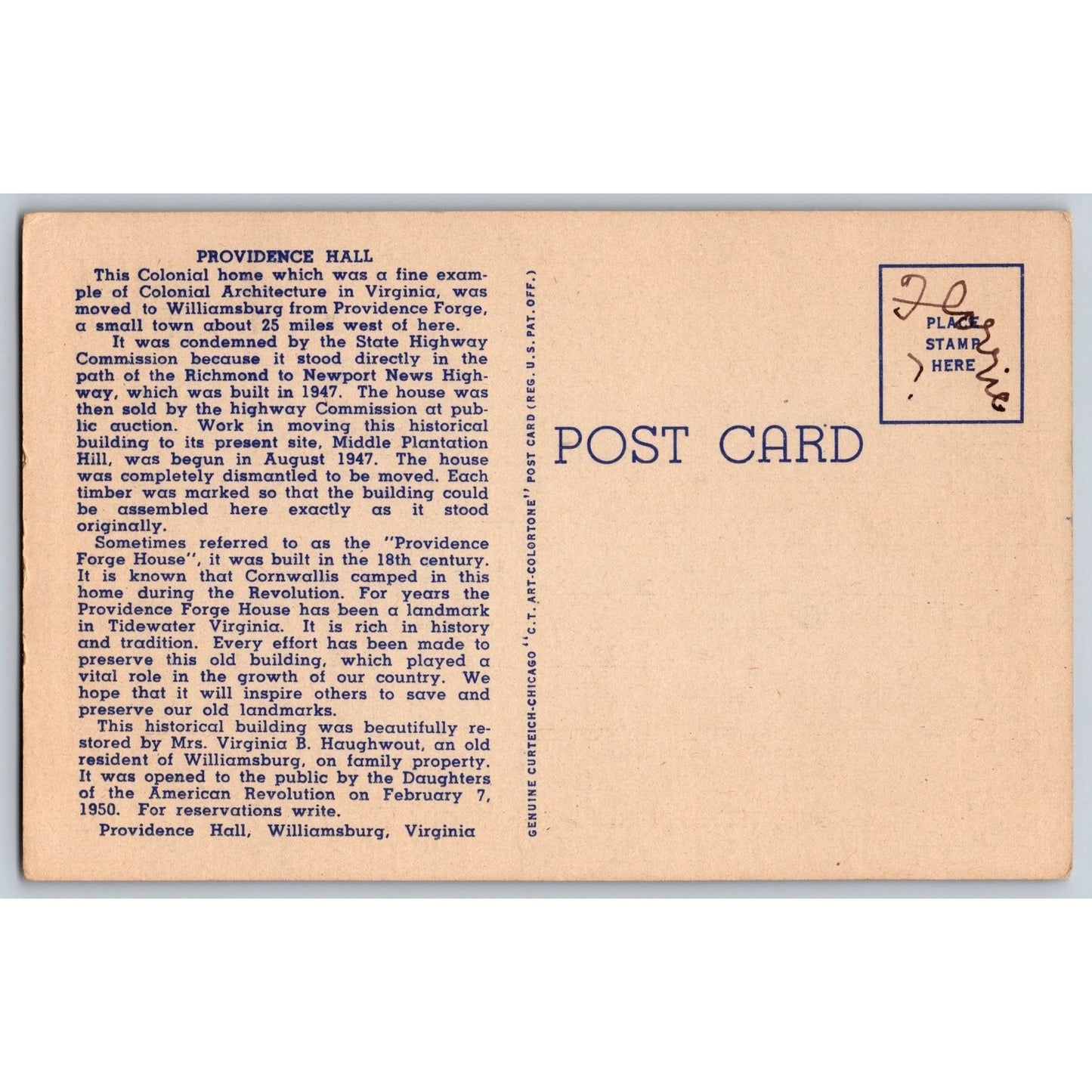 Williamsburg VA Virginia Providence Hall White Border Postcard