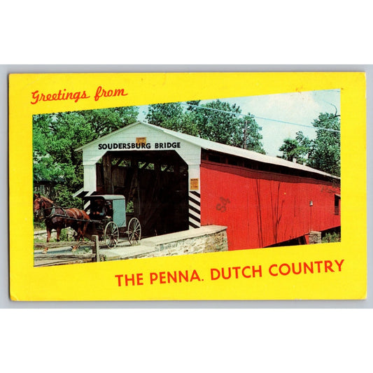 Soudersburg PA Pennsylvania Covered Bridge Amish Horse Buggy Chrome Postcard